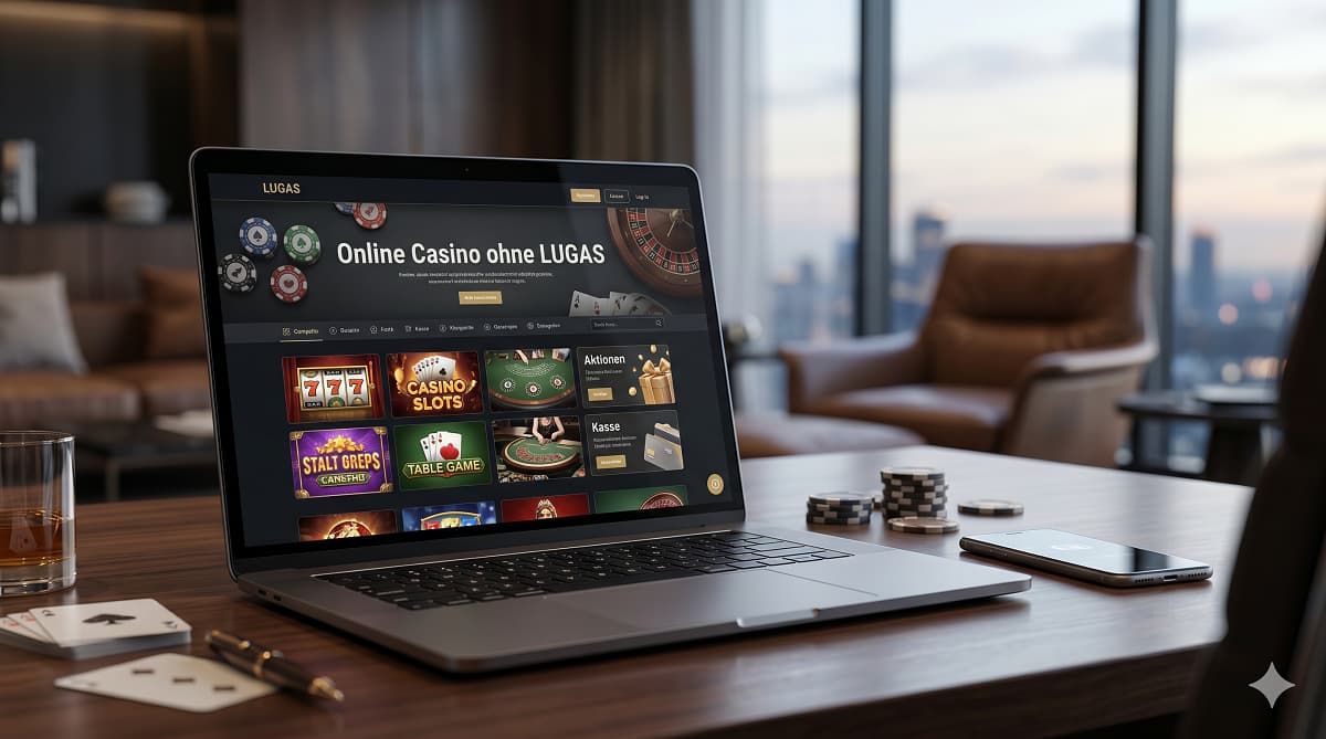 Ein Laptop in einer luxuriösen Lounge zeigt eine Casino-Webseite mit dem Titel „Online Casino ohne LUGAS“.